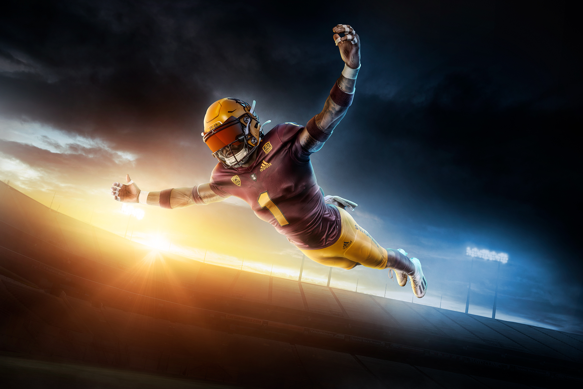 Football player flying on photoshoot