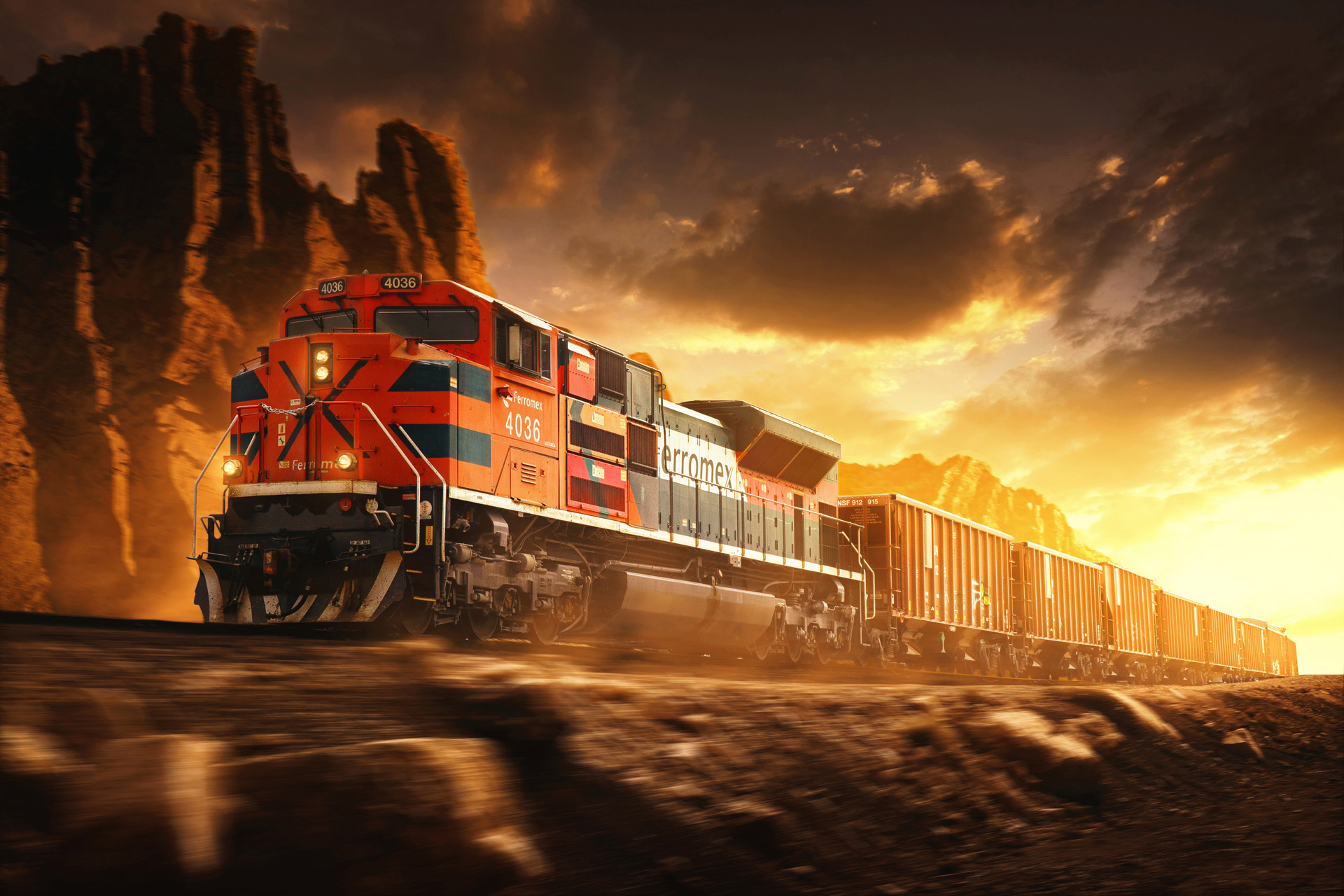 Freight Train in Mexico Desert photographed by Advertising Photographer Blair Bunting