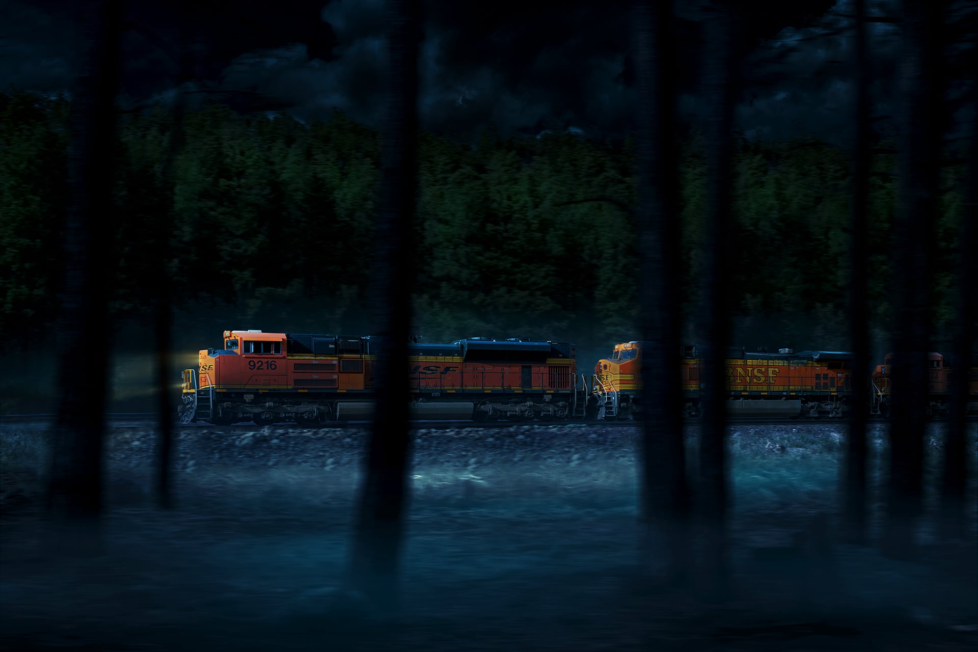 Freight Train in the Night photographed by Automotive Photographer Blair Bunting